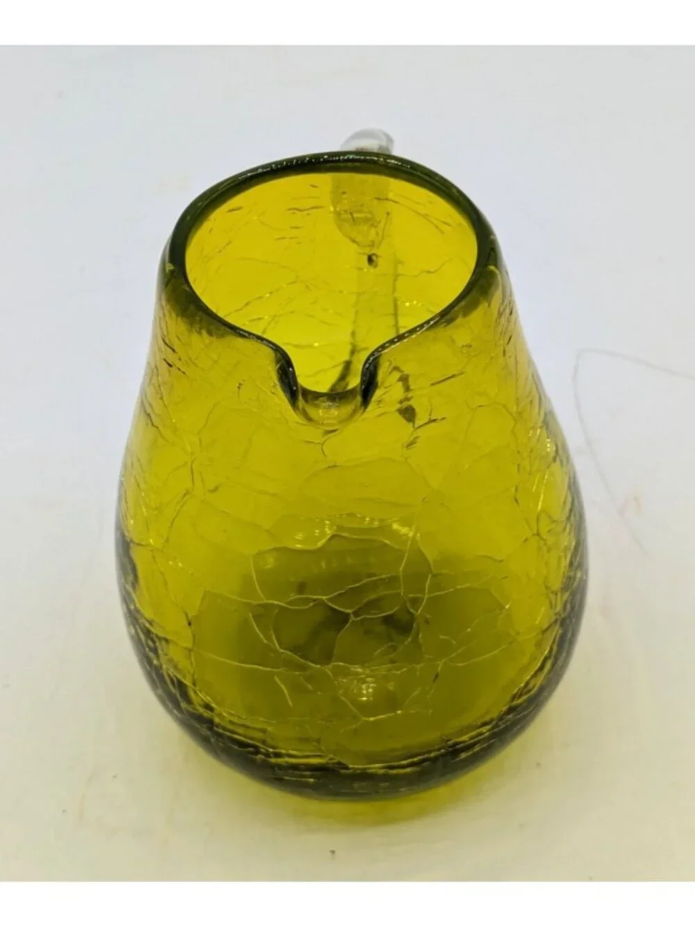 Vintage Blenko Glass Green Crackle Mini Pitcher Clear Handle Hand Blown 3.5